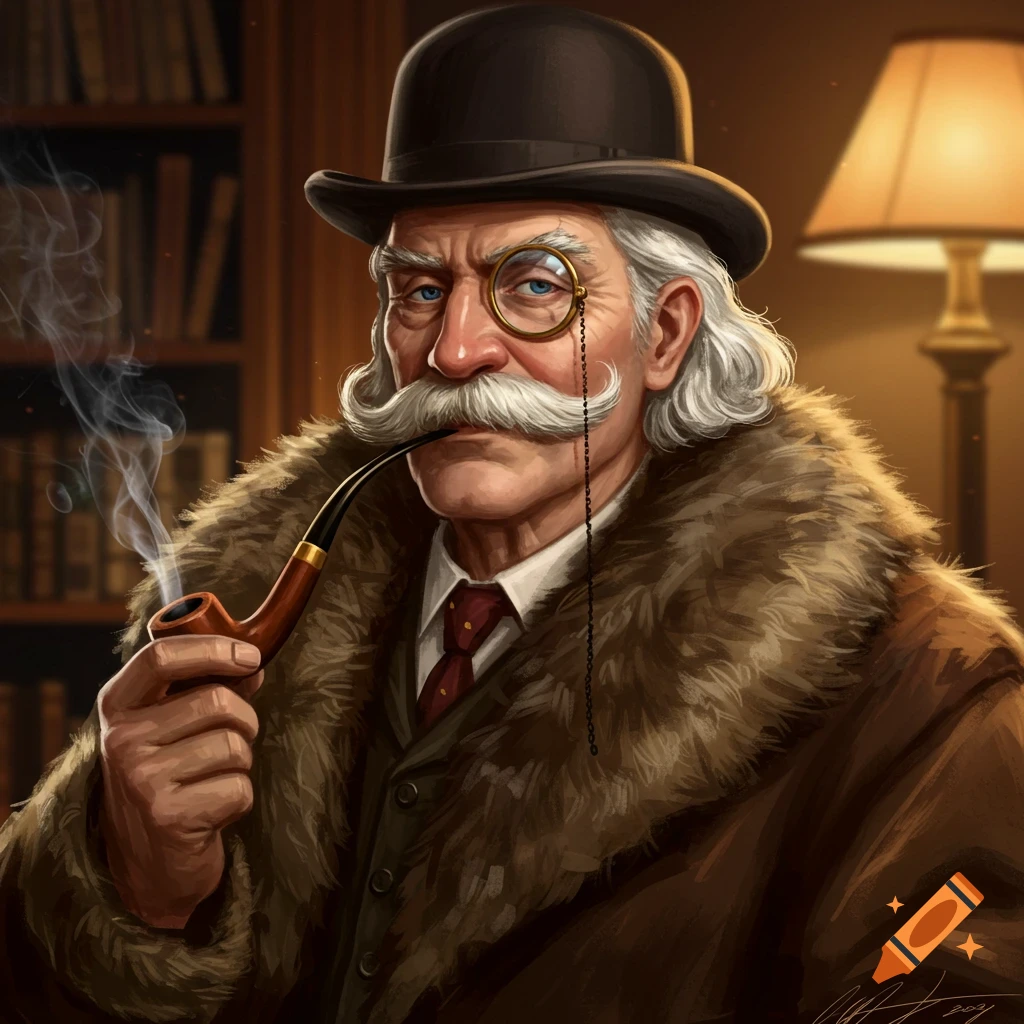 A distinguished old gentleman with a white mustache and a monocle, wearing a fur coat and smoking a pipe, in a vintage-style portrait.