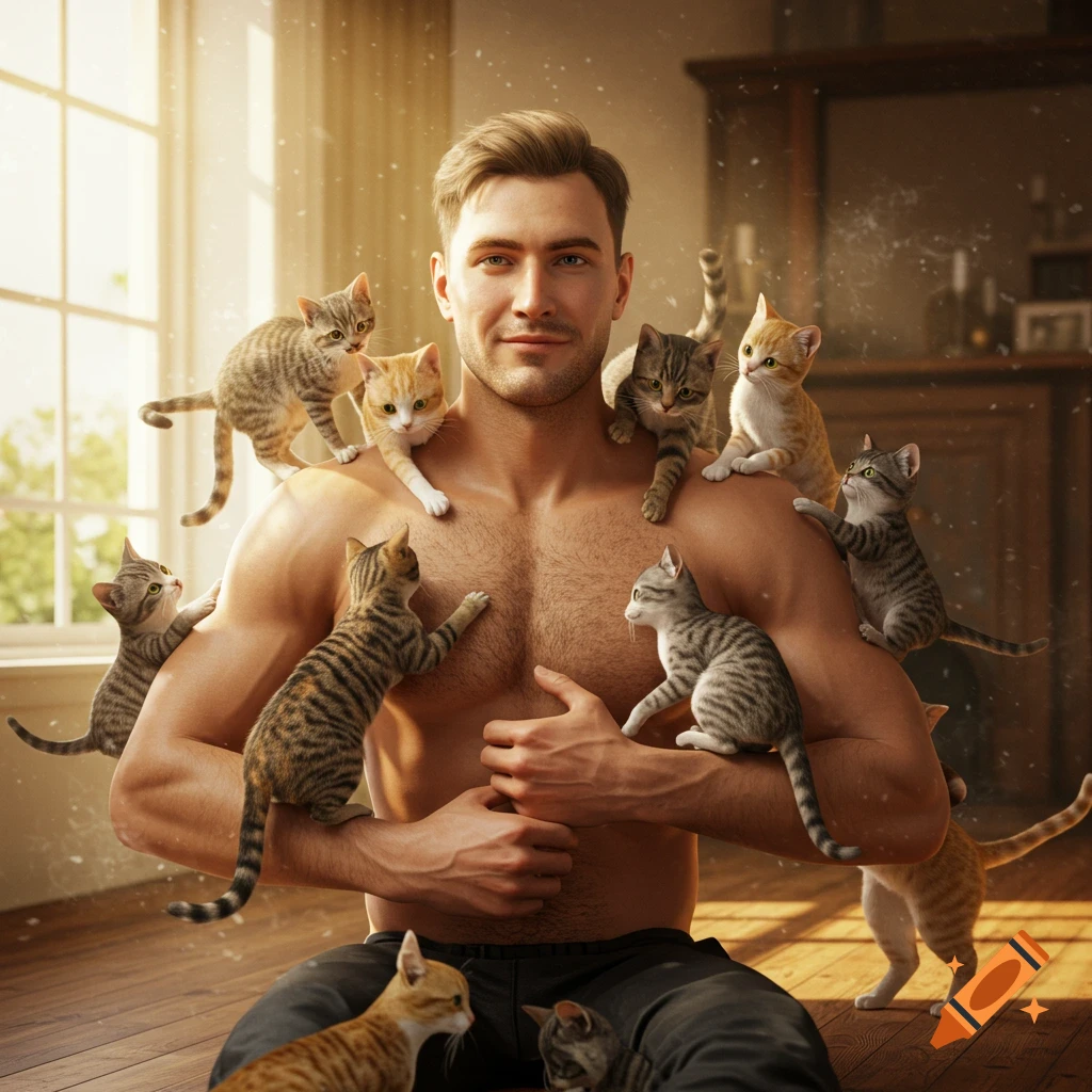 A smiling shirtless man sits on a wooden floor, covered in playful kittens climbing on his chest and shoulders, in a sunlit room.