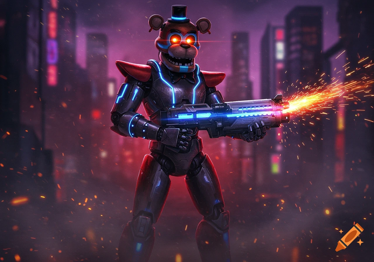 Freddy Fazbear in futuristic armor holding a glowing gun, firing sparks in a dark, neon-lit city at night. Stylized digital art.
