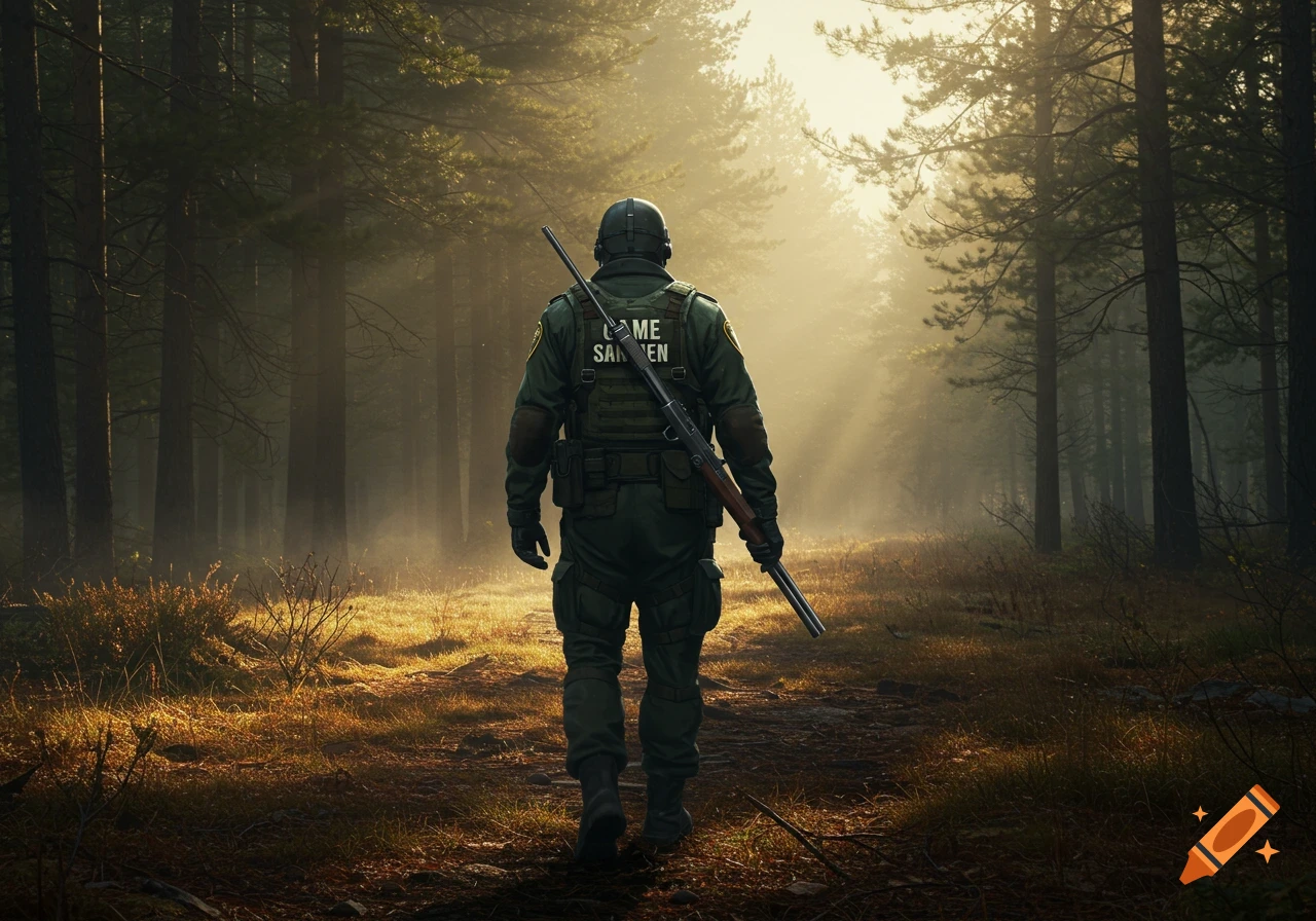 Photorealistic image of a tactical game warden with a rifle walking away on a dirt path into a sunlit, misty forest.