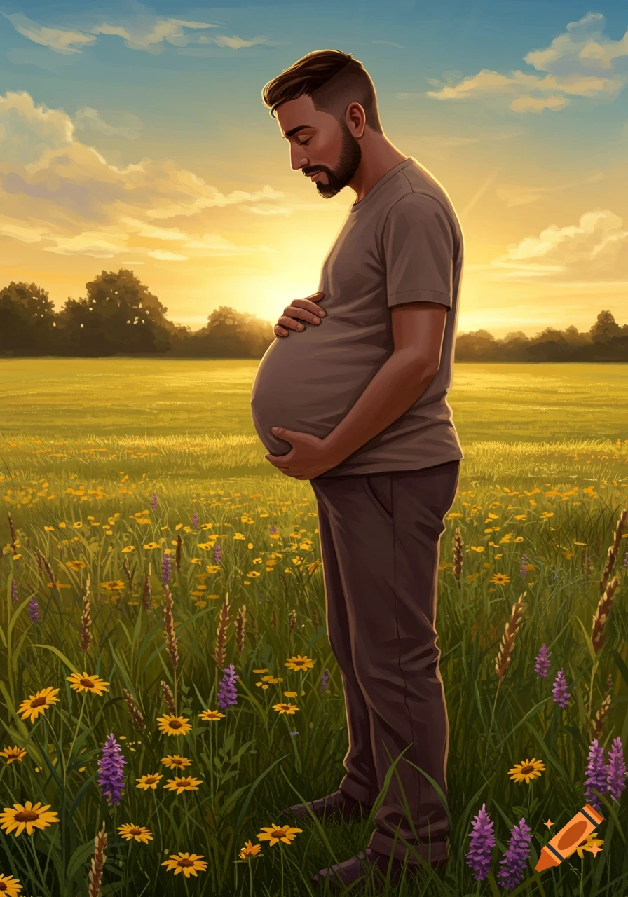 A man with a large pregnant belly stands in a field of wildflowers at sunset, gently holding his stomach.