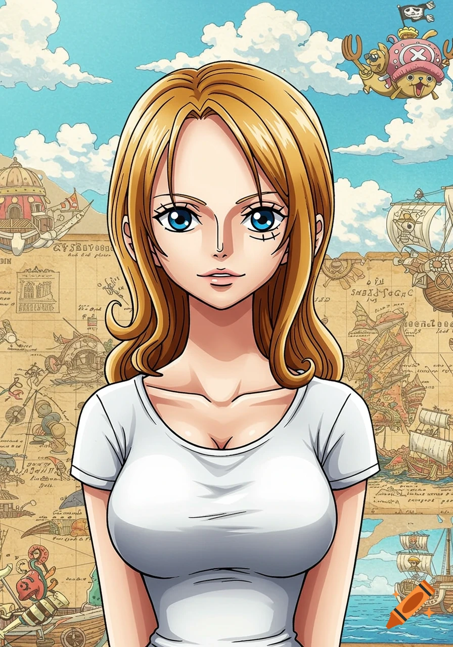 Anime portrait of a woman with blonde hair and blue eyes in a white t-shirt, set against a detailed map background.