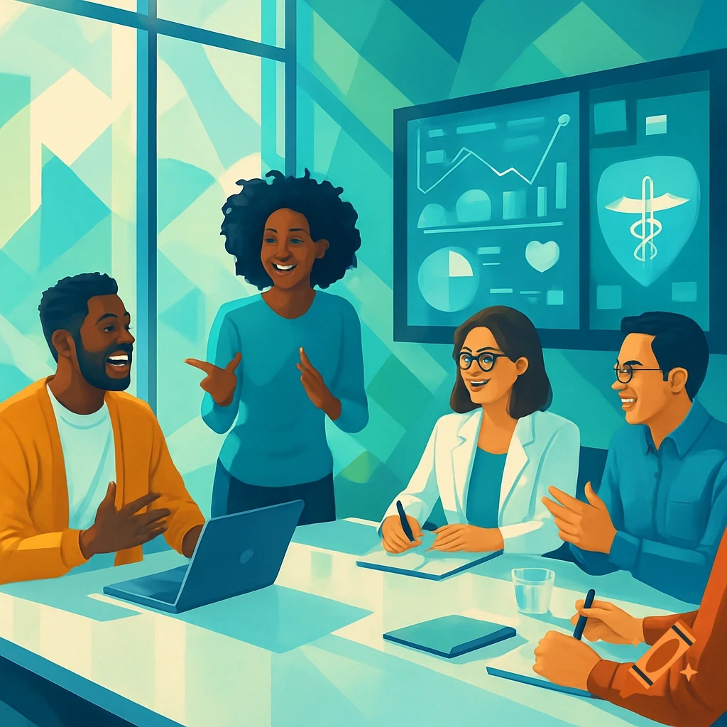 An illustration of a diverse team collaborating in a modern office meeting with data screens.