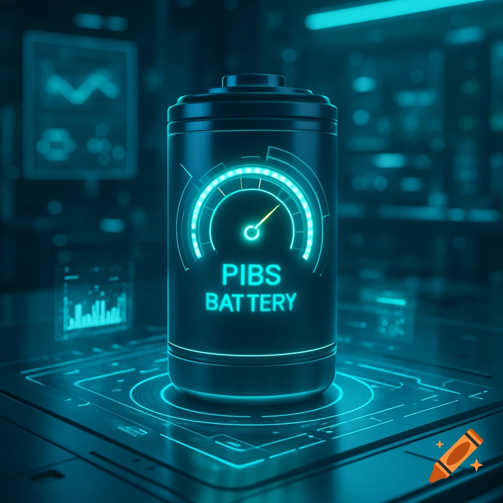 A futuristic battery with a glowing blue gauge and "PIBS BATTERY" text, resting on a glowing circuit board in a dark, tech-themed setting.