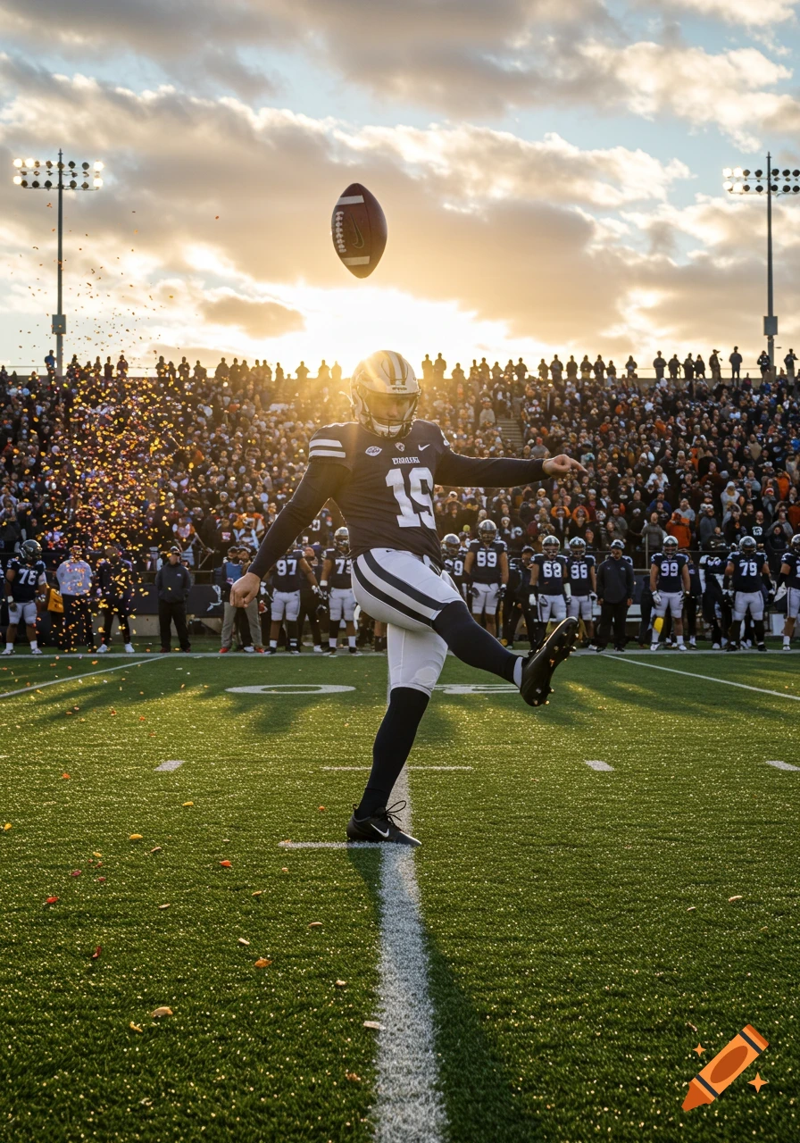 A football player in a dark uniform with number 19 punts a ball high into the air on a stadium field during sunset, with a crowd of spectators in the background.