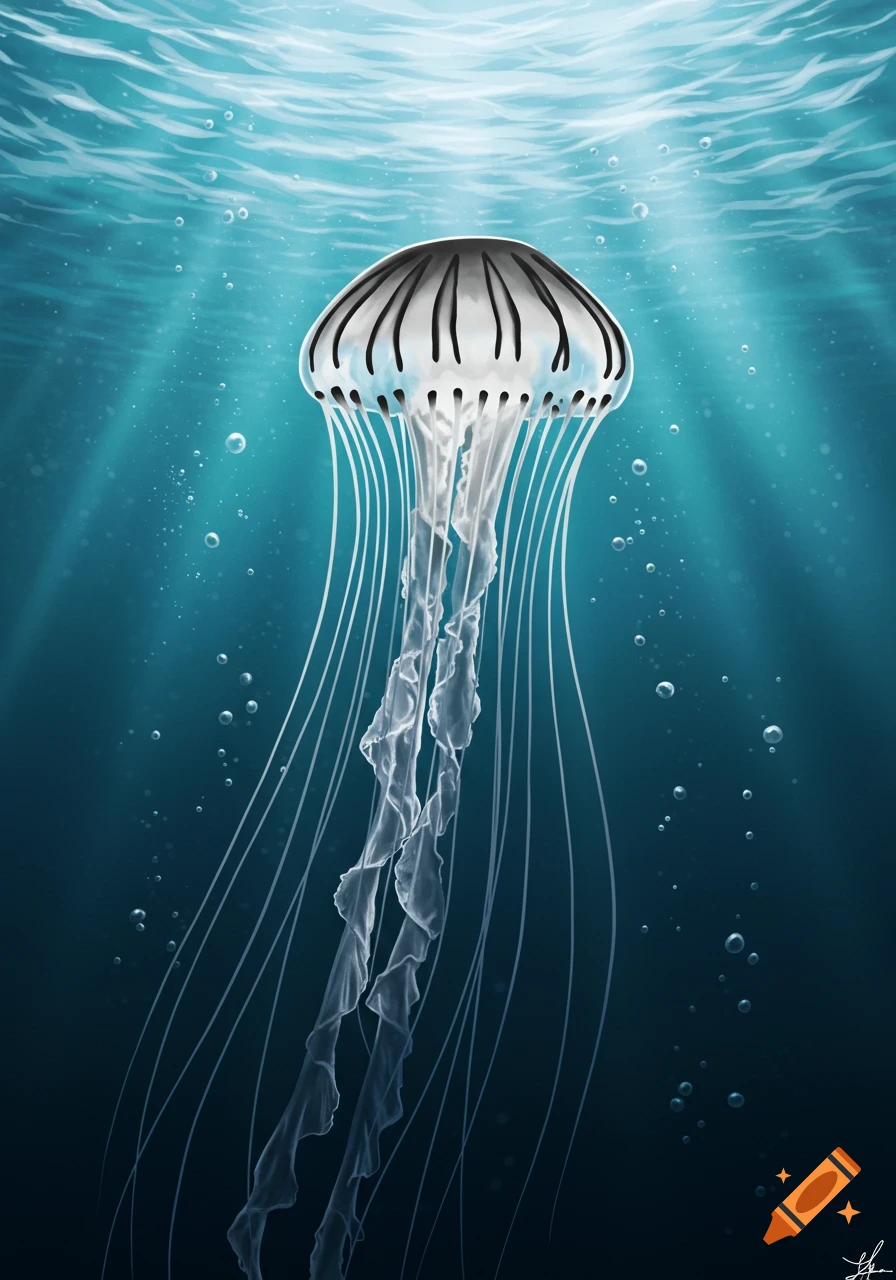 A black and white striped jellyfish with long translucent tentacles floats in a vibrant blue ocean with light rays shining from above.