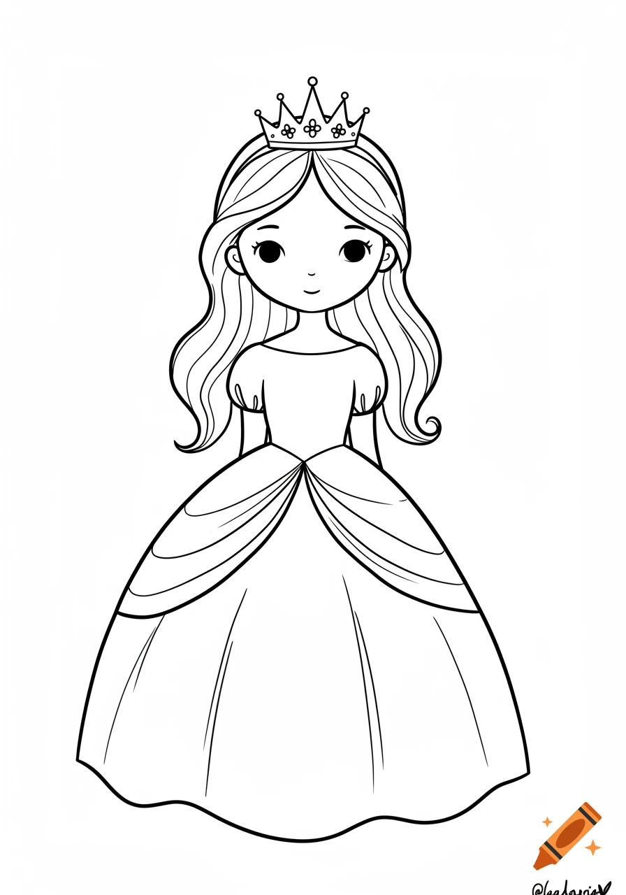 Black and white line art of a cute princess wearing a crown and a long dress.
