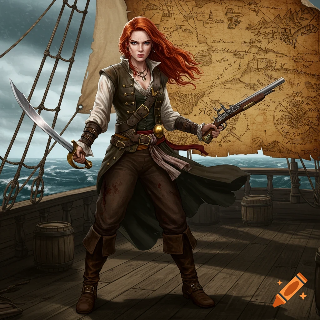 A fierce red-haired female pirate stands on a ship deck, holding a cutlass and a flintlock pistol, with a detailed nautical map behind her.