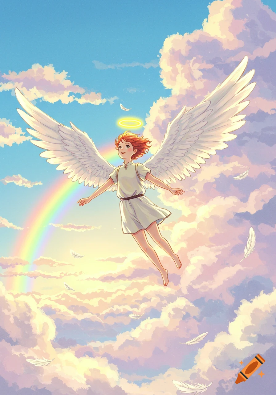 A Studio Ghibli style illustration of a red-haired angel flying with white wings in a cloudy sky with a rainbow.