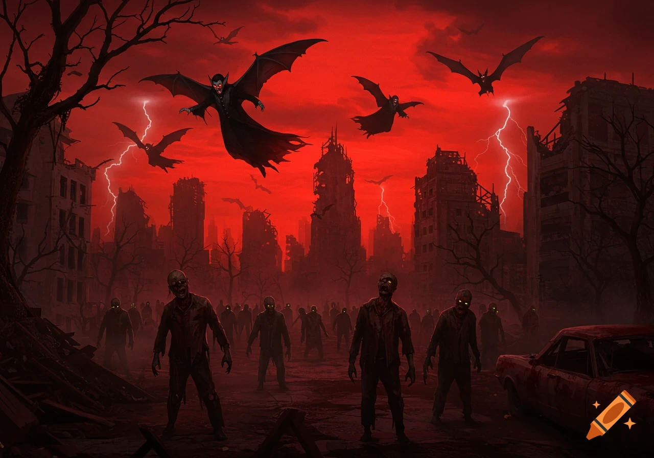 Vampires fly over a ruined city while zombies roam below under a red, lightning-filled sky.