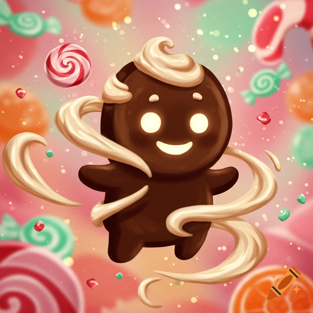 A cute, happy chocolate gingerbread-like character with glowing eyes and white frosting swirls, floating among colorful candies on a pink, sparkly background.