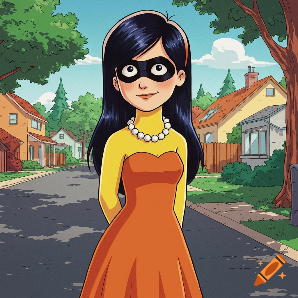A cartoon woman resembling Violet from The Incredibles with yellow skin and an orange dress stands on a suburban street.