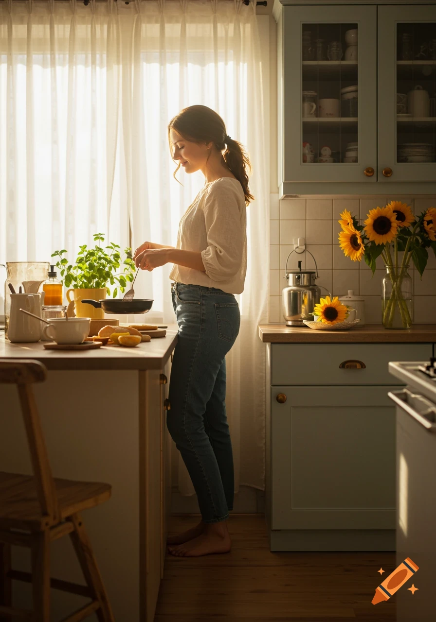 A woman cooks in a sunlit kitchen with sunflowers on the counter.