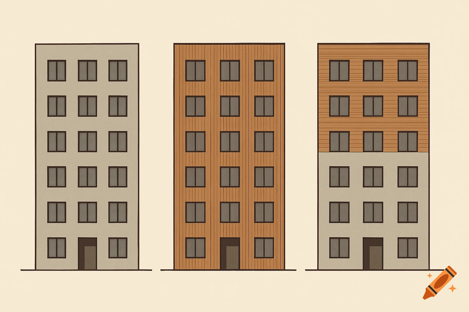 Three 2D stylized residential buildings side by side. The left building is light grey, the middle is brown timber, and the right has a light grey base with a brown timber top.