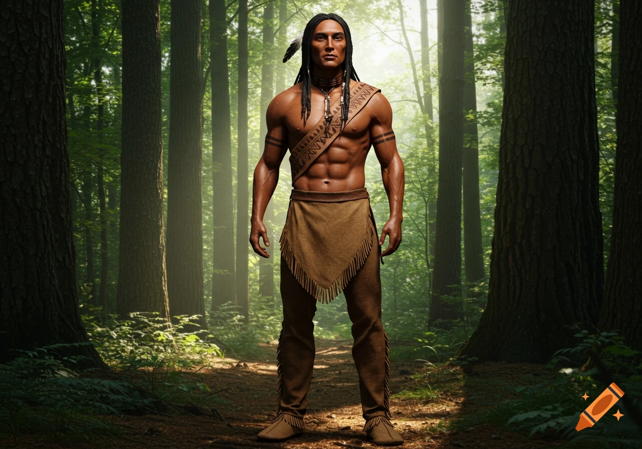 Photorealistic image of a muscular man in traditional Native American attire standing in a sunlit forest.