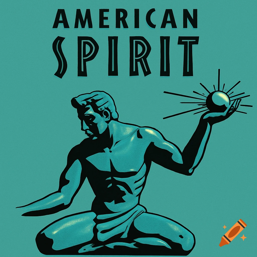 A stylized teal and black illustration of a muscular male figure kneeling and holding a radiant sun-like orb, with the text 'AMERICAN SPIRIT' above.