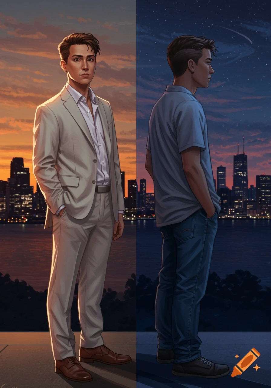 Stylized illustration of a young man in a suit at sunset on left, and in casual clothes at night on right, both overlooking a city.