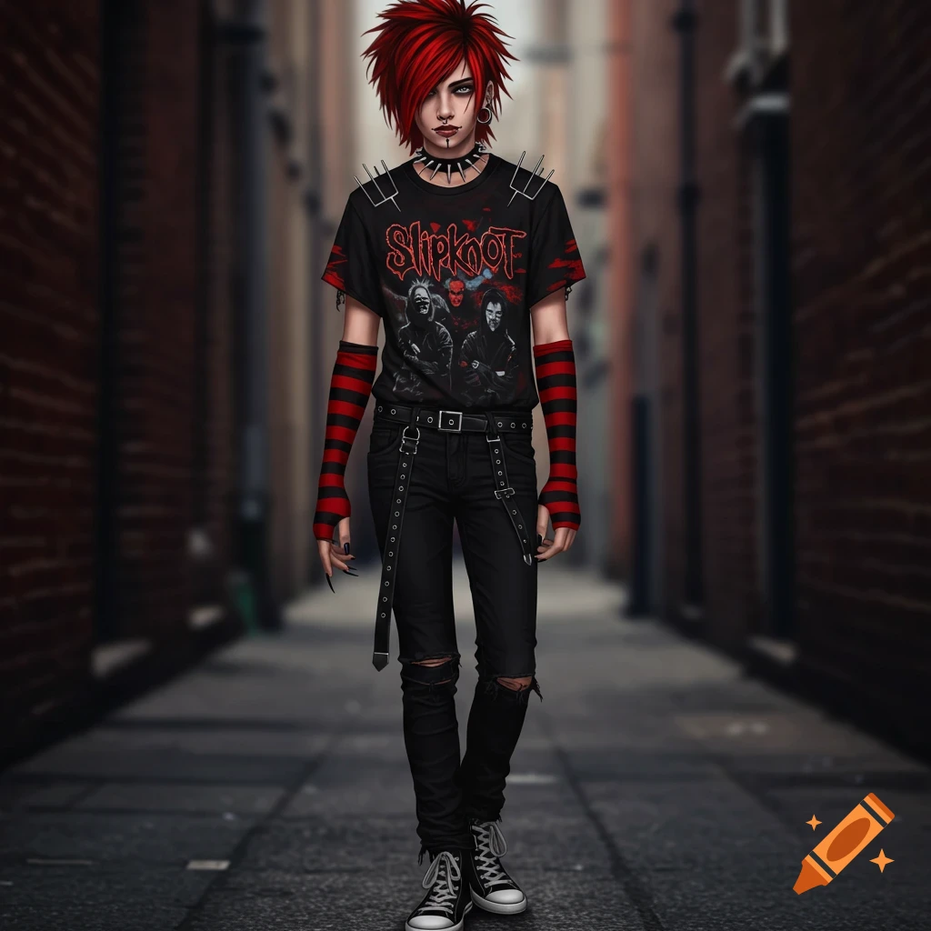 A person with spiky red hair, piercings, and alternative fashion, wearing a black band t-shirt and ripped jeans, stands in an alley.