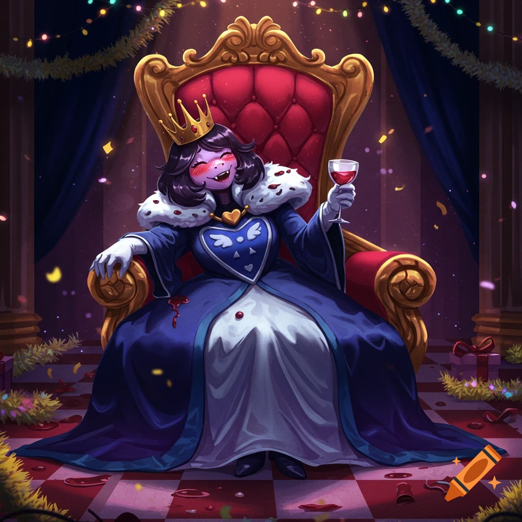 A smiling, purple-skinned queen with a crown sits on a throne, holding a glass of red wine, surrounded by festive confetti and spilled liquid.