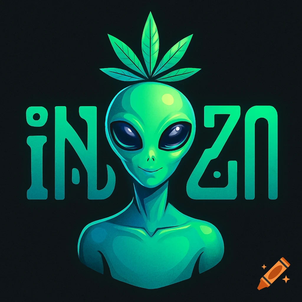 A green alien head with cannabis leaves on top, with the stylized text iNVZN behind it, on a black background.