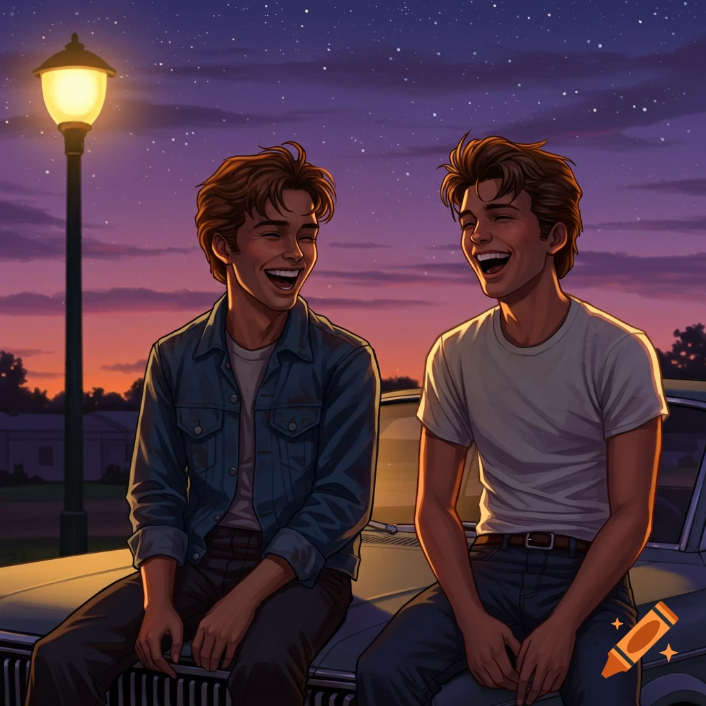 Two young men with brown hair laugh heartily while sitting on the hood of a vintage car at dusk, illuminated by a street lamp under a starry sky in an illustrative style.