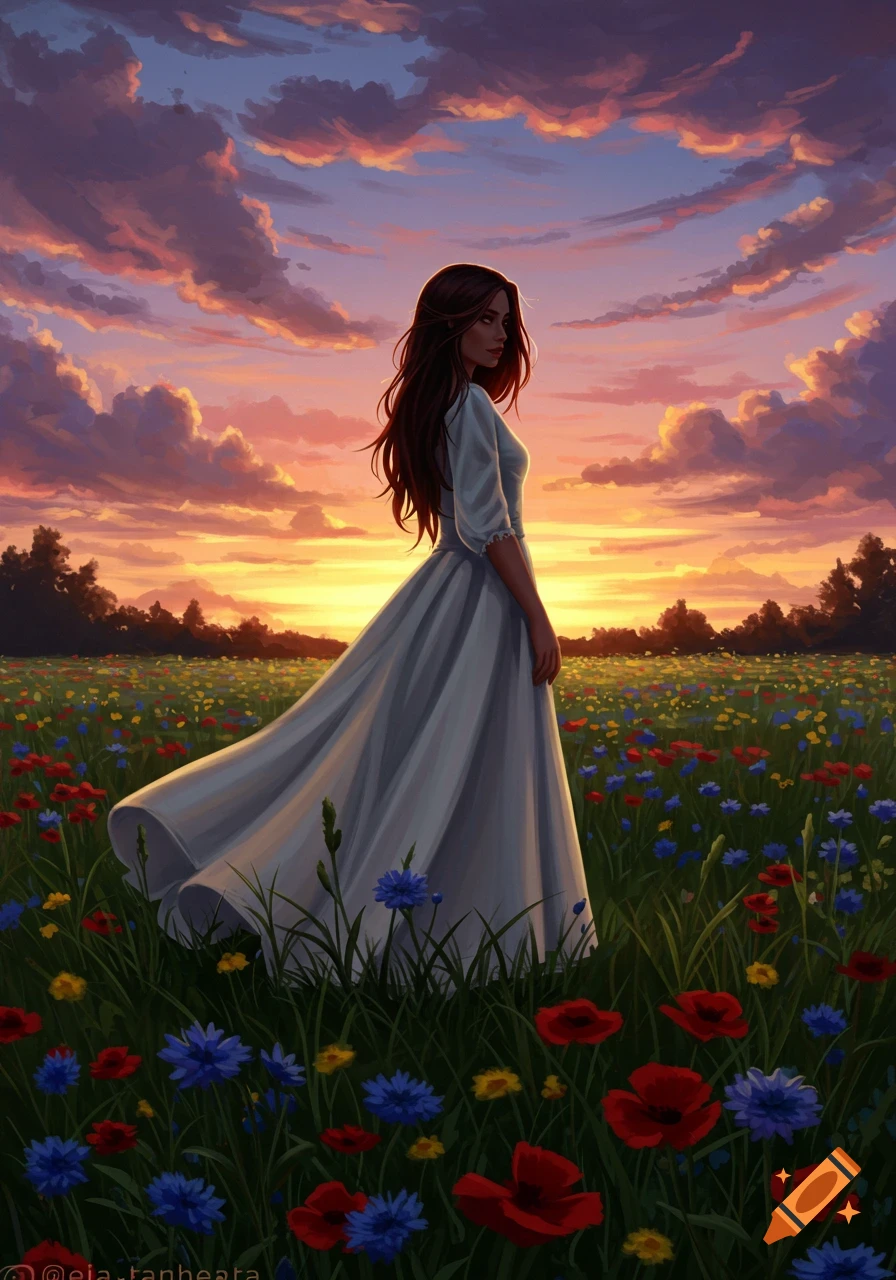 A woman in a white dress stands in a vibrant wildflower field at sunset, with a dramatic cloudscape, in a digital painting style.