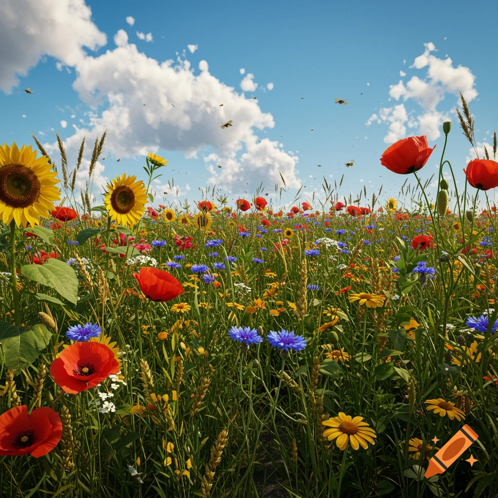 Photorealistic image of a vibrant wildflower field with red poppies, yellow sunflowers, blue cornflowers, and bees under a bright blue, cloudy sky.