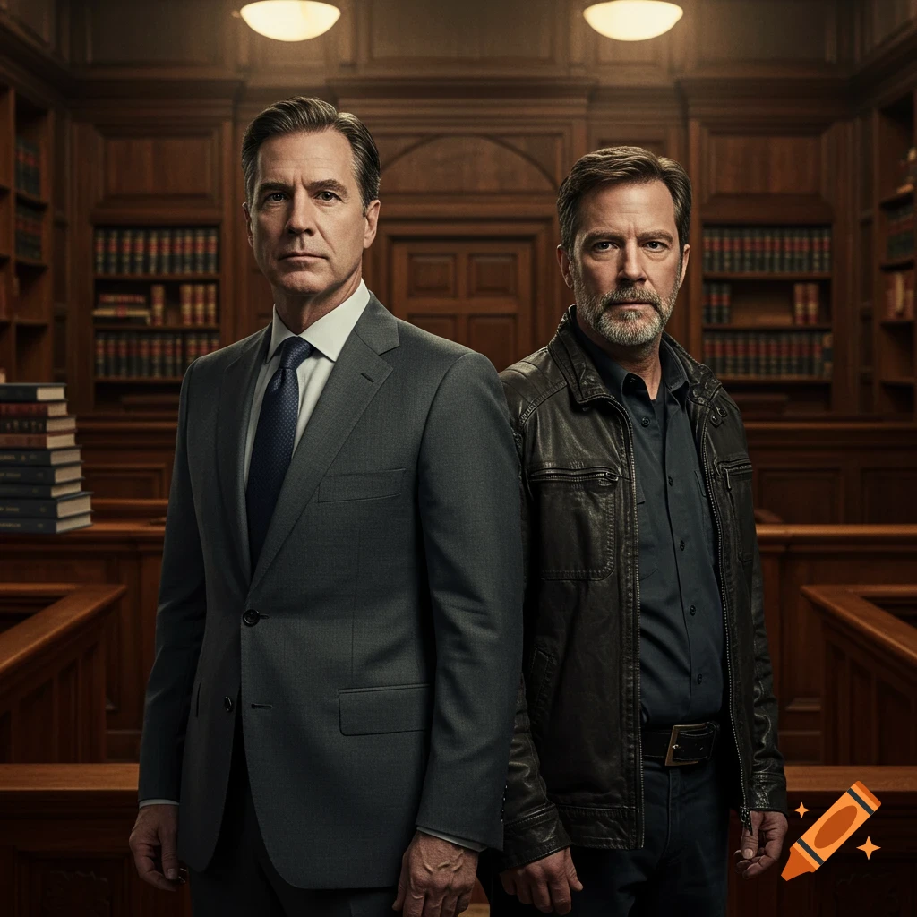 Two men, one in a suit and the other in a leather jacket, stand in a wood-paneled courtroom. Photorealistic style.