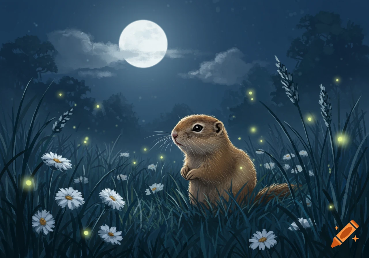 An illustrated gopher sits in a grassy meadow under a full moon with fireflies and daisies at night.