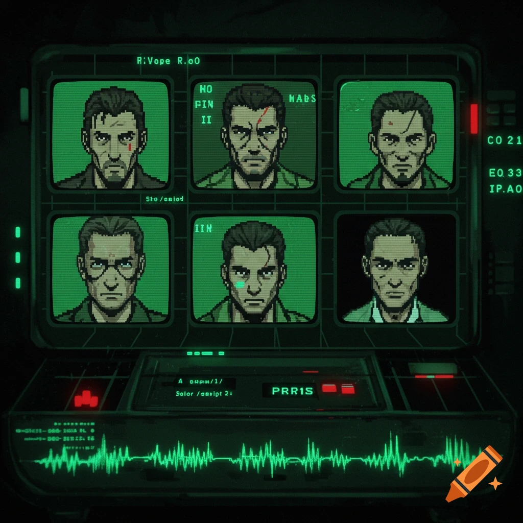 Pixelated green screen display showing six portraits of men, some with scars, and various lines of alphanumeric text and a green waveform at the bottom.