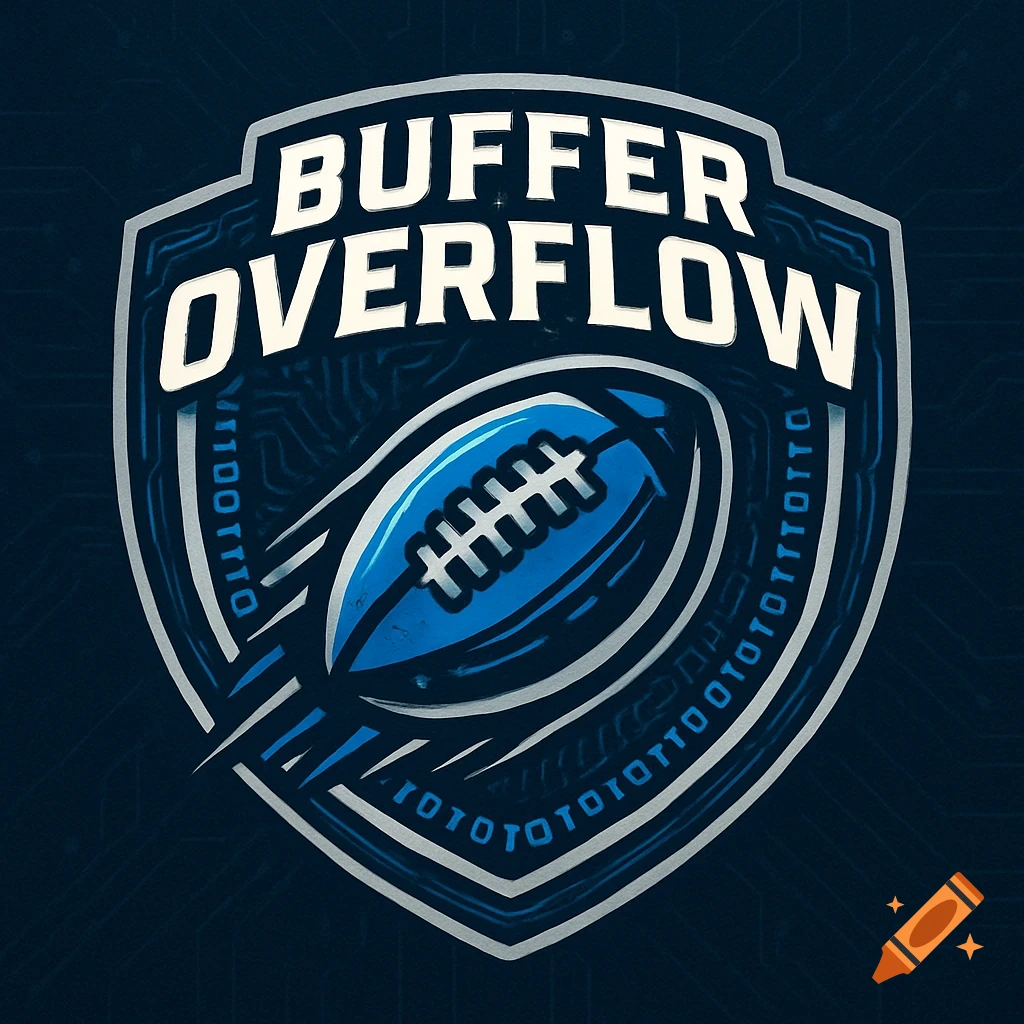 A blue and white shield logo for 'BUFFER OVERFLOW' featuring a stylized football and binary code patterns.