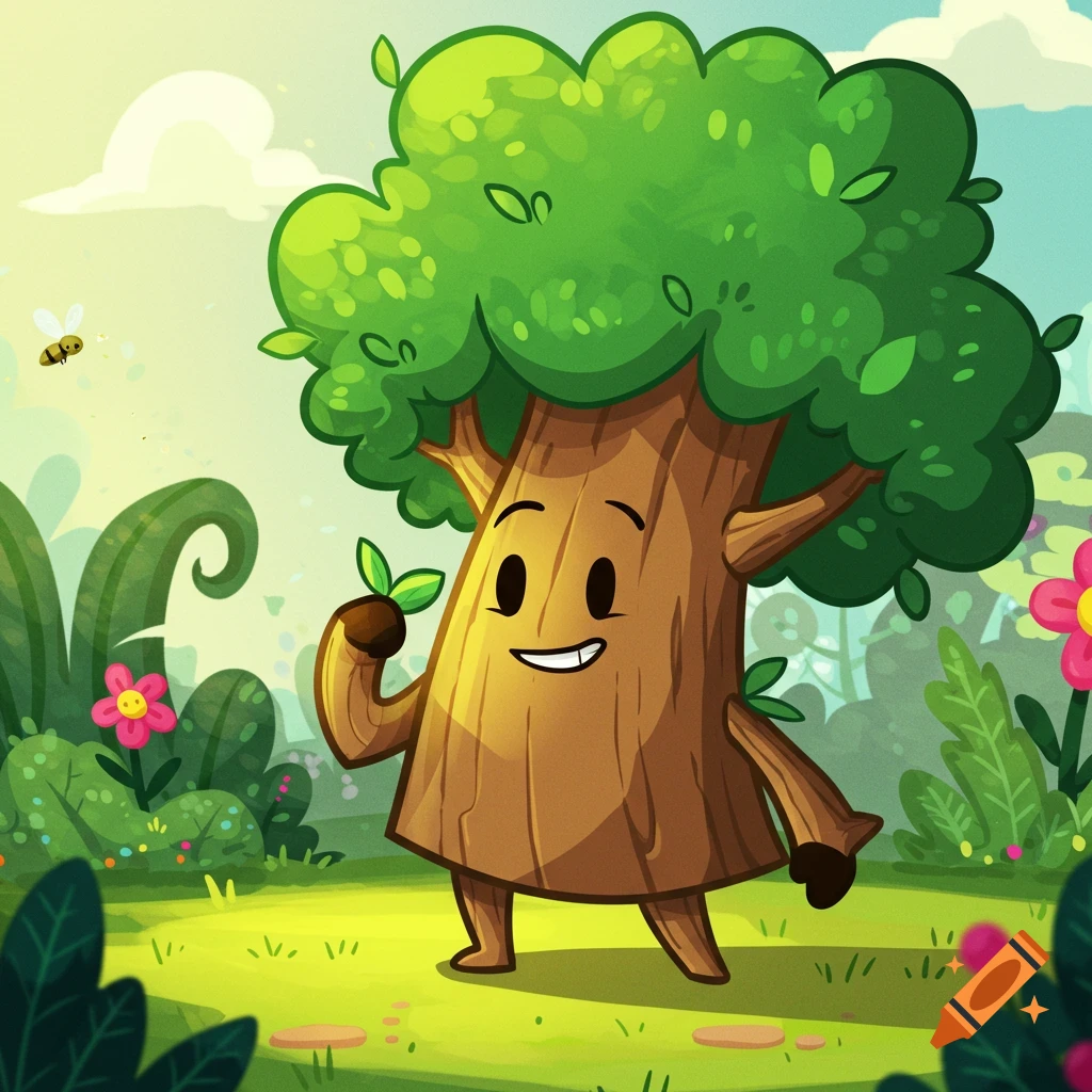 A cheerful, smiling cartoon tree character stands in a vibrant green landscape, holding a small leaf. A bee flies nearby.