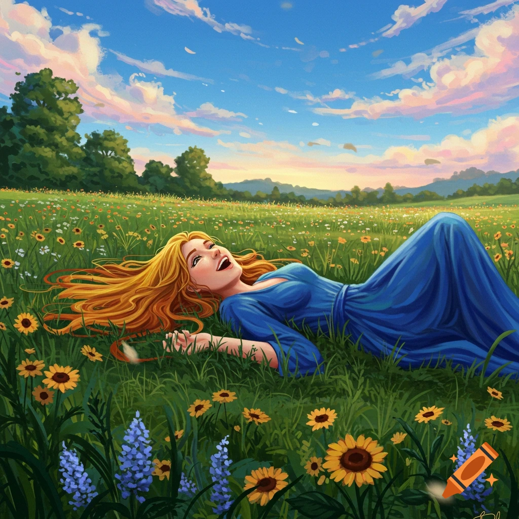 A smiling woman with long blonde hair in a blue dress lies in a sunlit field of wildflowers, looking up at the blue sky.