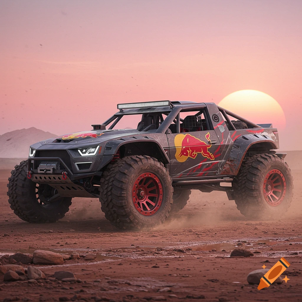 A custom dark grey off-road vehicle with red accents and a Red Bull logo driving through a dusty desert at sunset, photorealistic style.