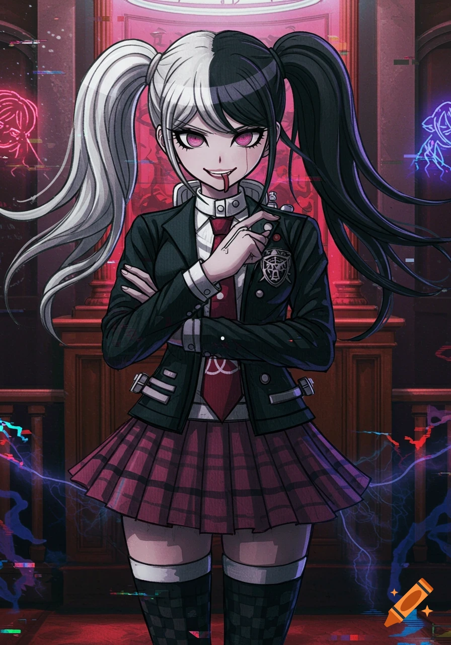 An anime girl with split black and white pigtails, pink eyes, and a school uniform. She stands against a dark, glitchy background with neon accents.