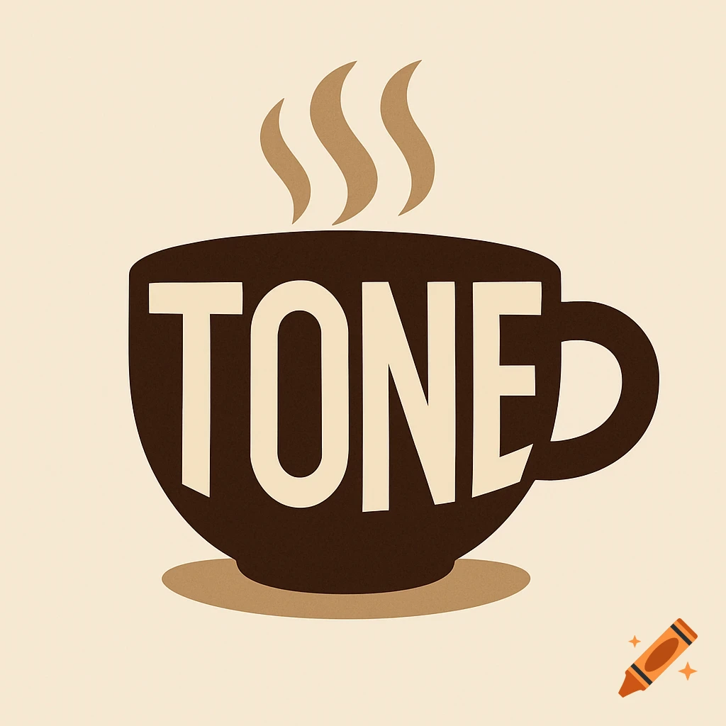 A minimalist brown coffee cup logo with the word TONE in cream, and steam rising.