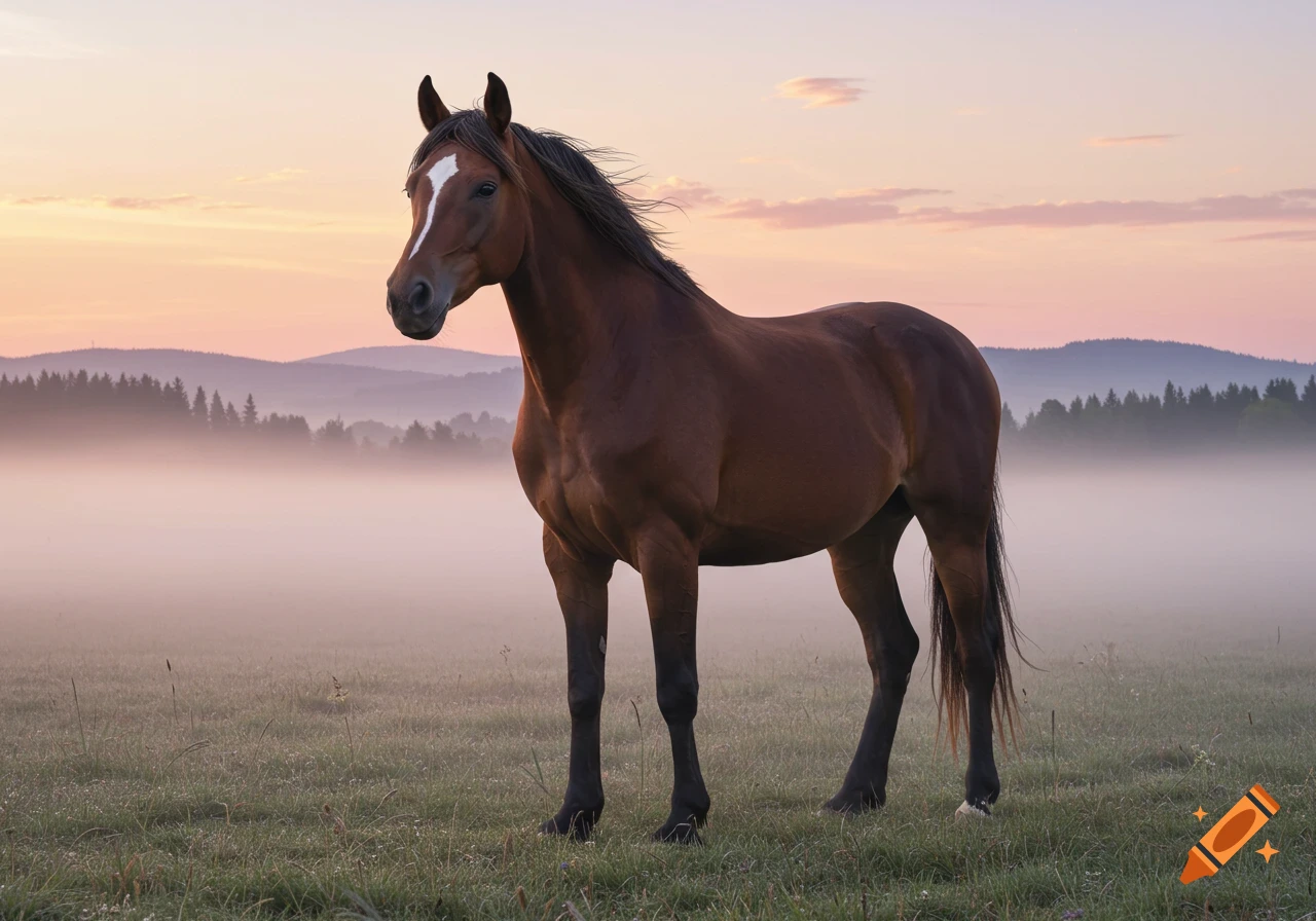 A brown horse with a white blaze stands in a misty, grassy field at sunrise, with mountains and trees in the background.