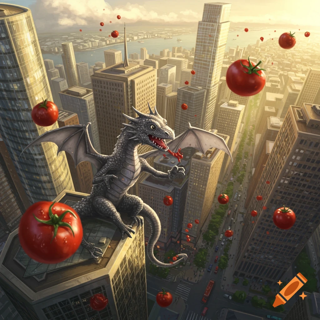 A gray dragon perched on a skyscraper throws tomatoes over a bustling city at sunset.