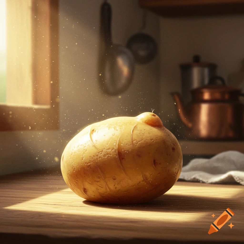 A photorealistic potato on a wooden kitchen counter, bathed in sunlight from a window.