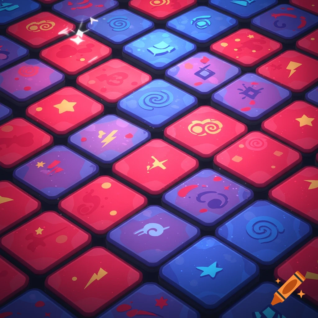 A colorful grid of rounded square tiles in red, blue, and purple, each with a unique stylized symbol like stars, swirls, and lightning bolts, resembling a game floor texture.