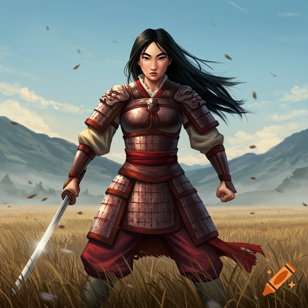An illustrated female warrior resembling Mulan, in full armor, standing with a sword in a grassy field with mountains.
