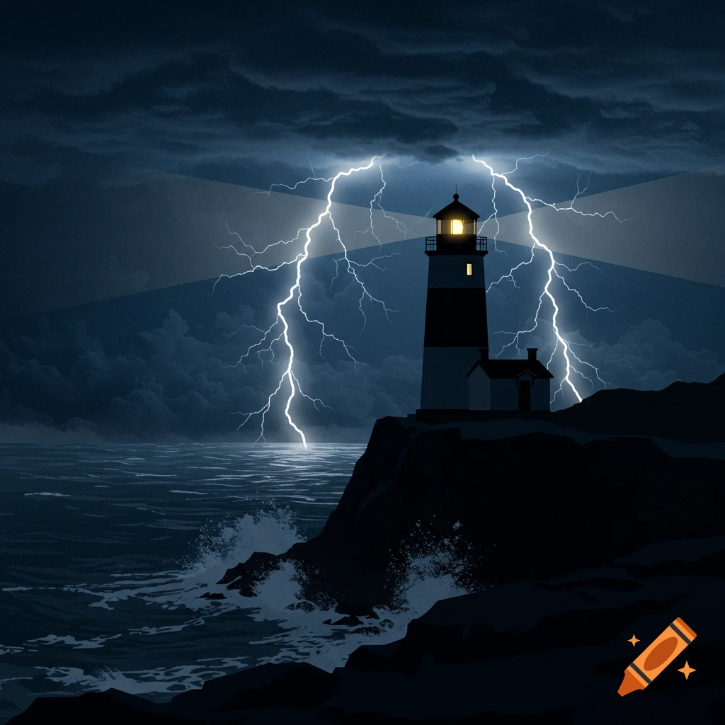 Illustrated lighthouse on a stormy night, with lightning flashing over ocean waves and rocky cliffs.