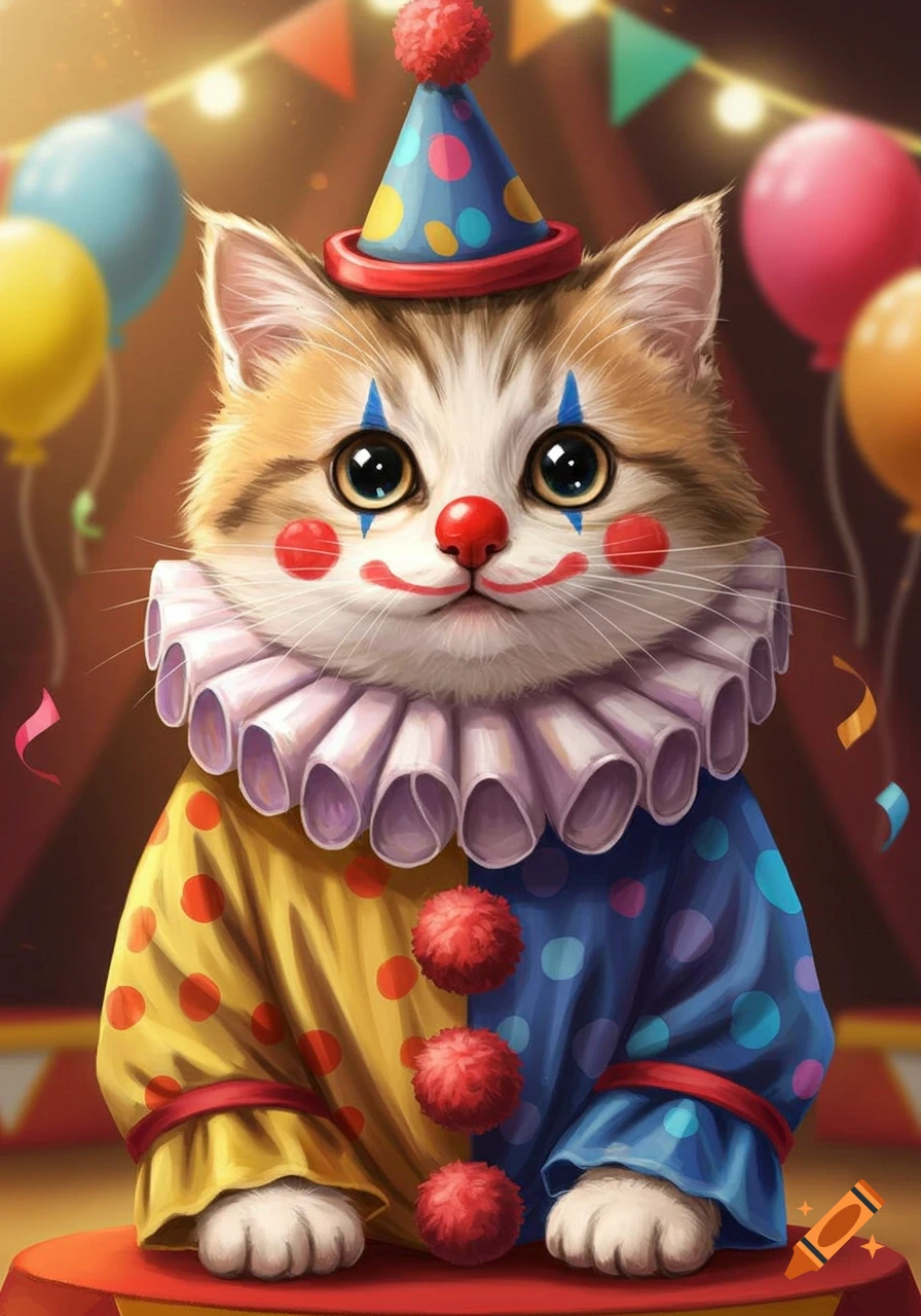 A cute tabby kitten dressed as a clown with face paint, ruffled collar, and party hat in a festive circus setting.