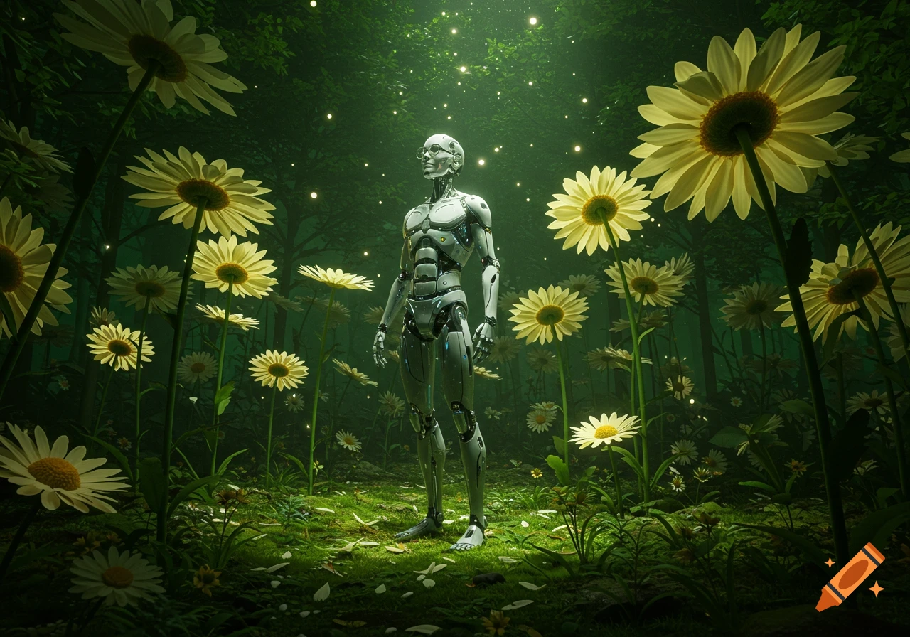 Photorealistic image of a skinny male cyborg wearing glasses in a glowing forest of giant daisies.
