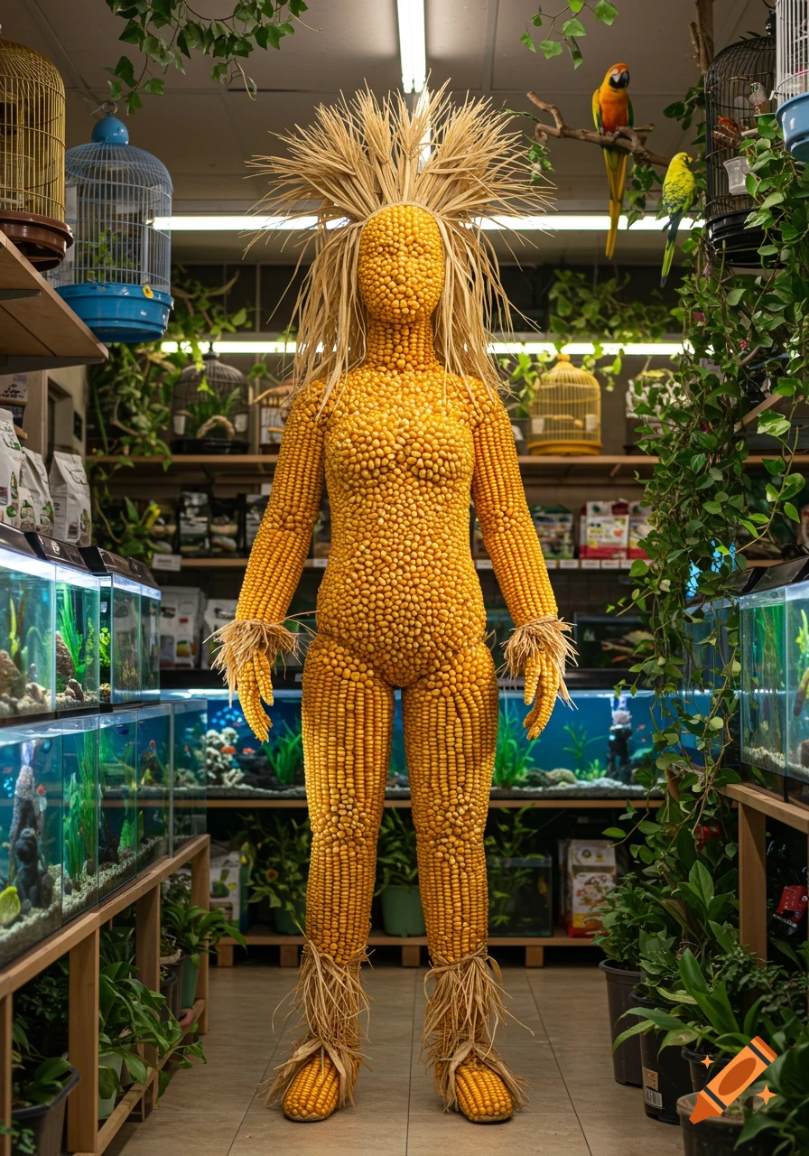 A realistic sculpture of a humanoid figure made of corn stands in a pet shop with fish tanks and bird cages.