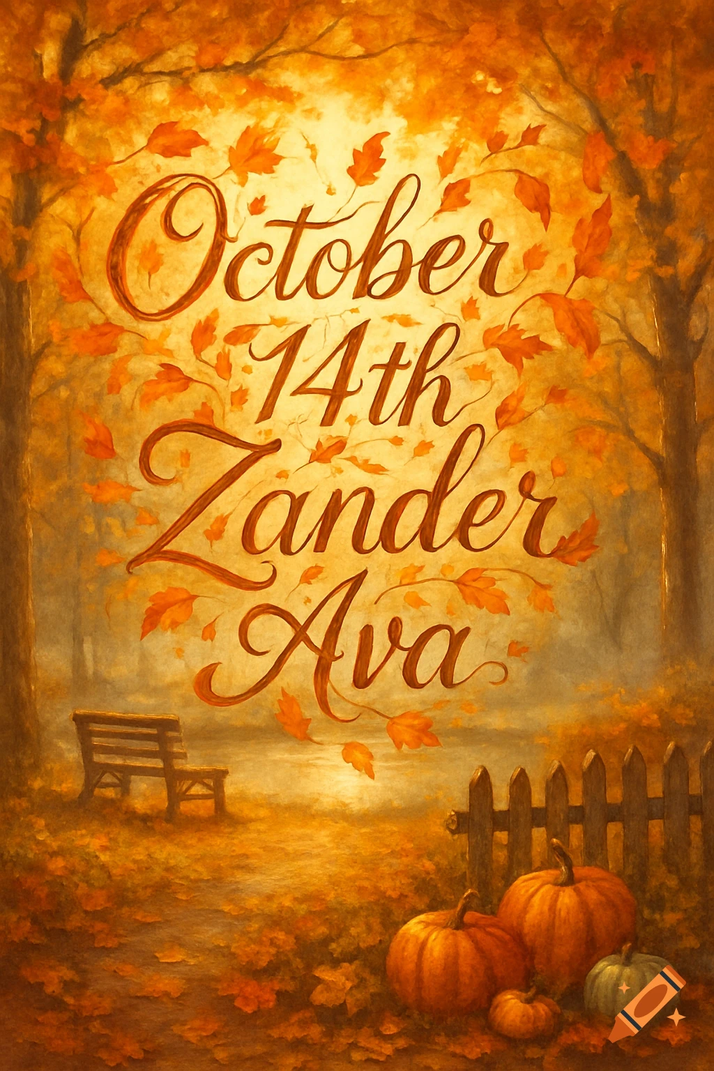 A warm, autumnal drawing with orange leaves, pumpkins, and a bench, featuring the calligraphic text 'October 14th Zander Ava'.