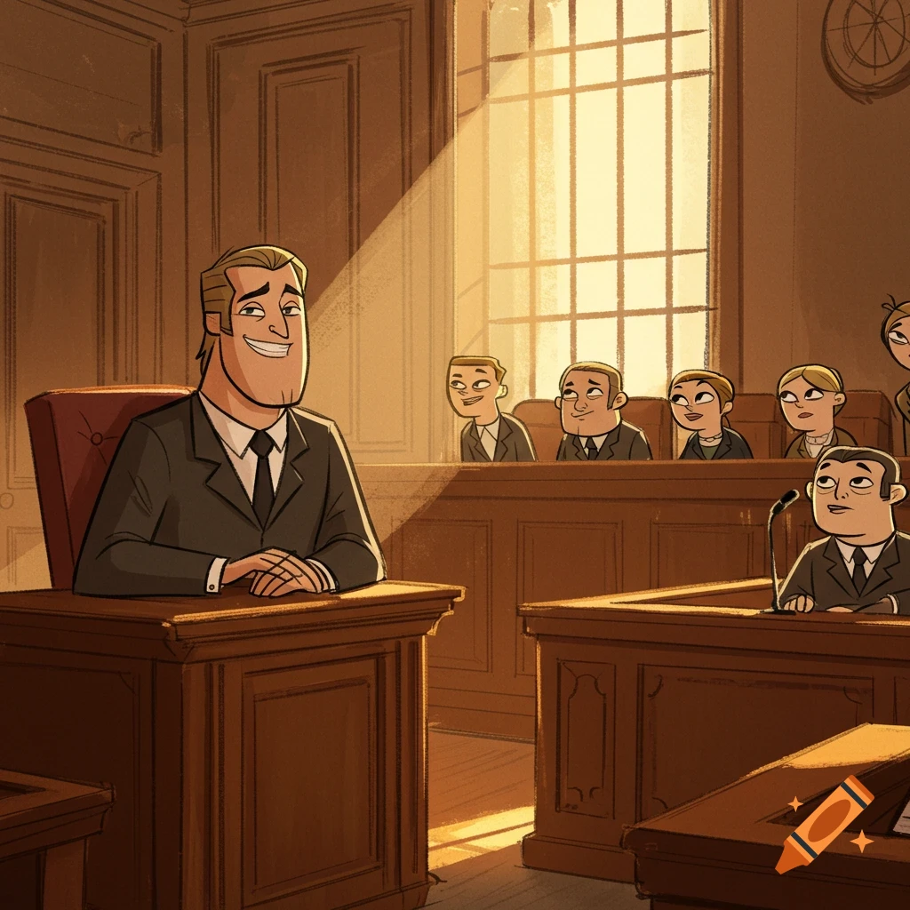 Cartoon illustration of a smiling man resembling Mr. Incredible sitting at a witness stand in a sunlit courtroom.