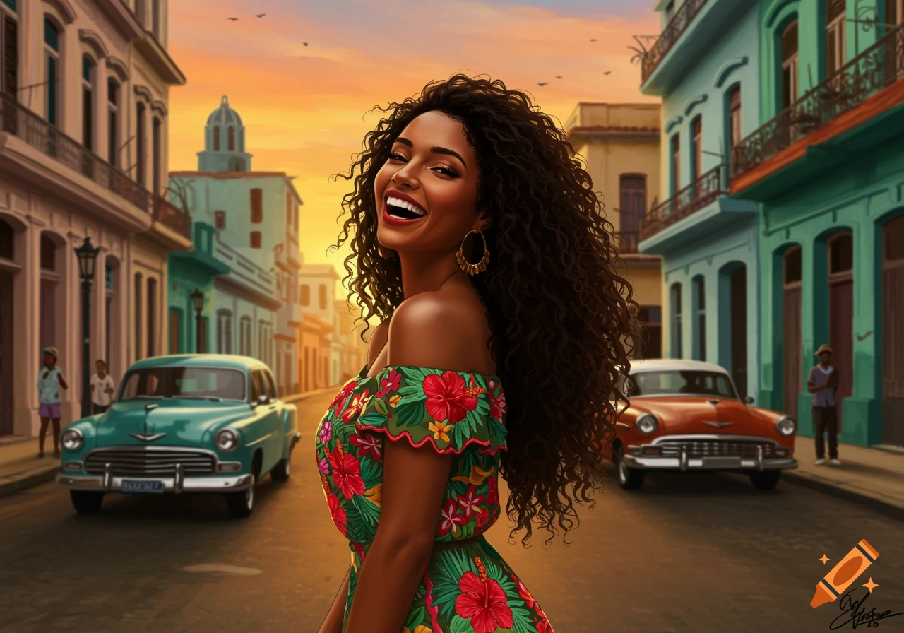Smiling woman in a floral dress on a vibrant street with classic cars at sunset.