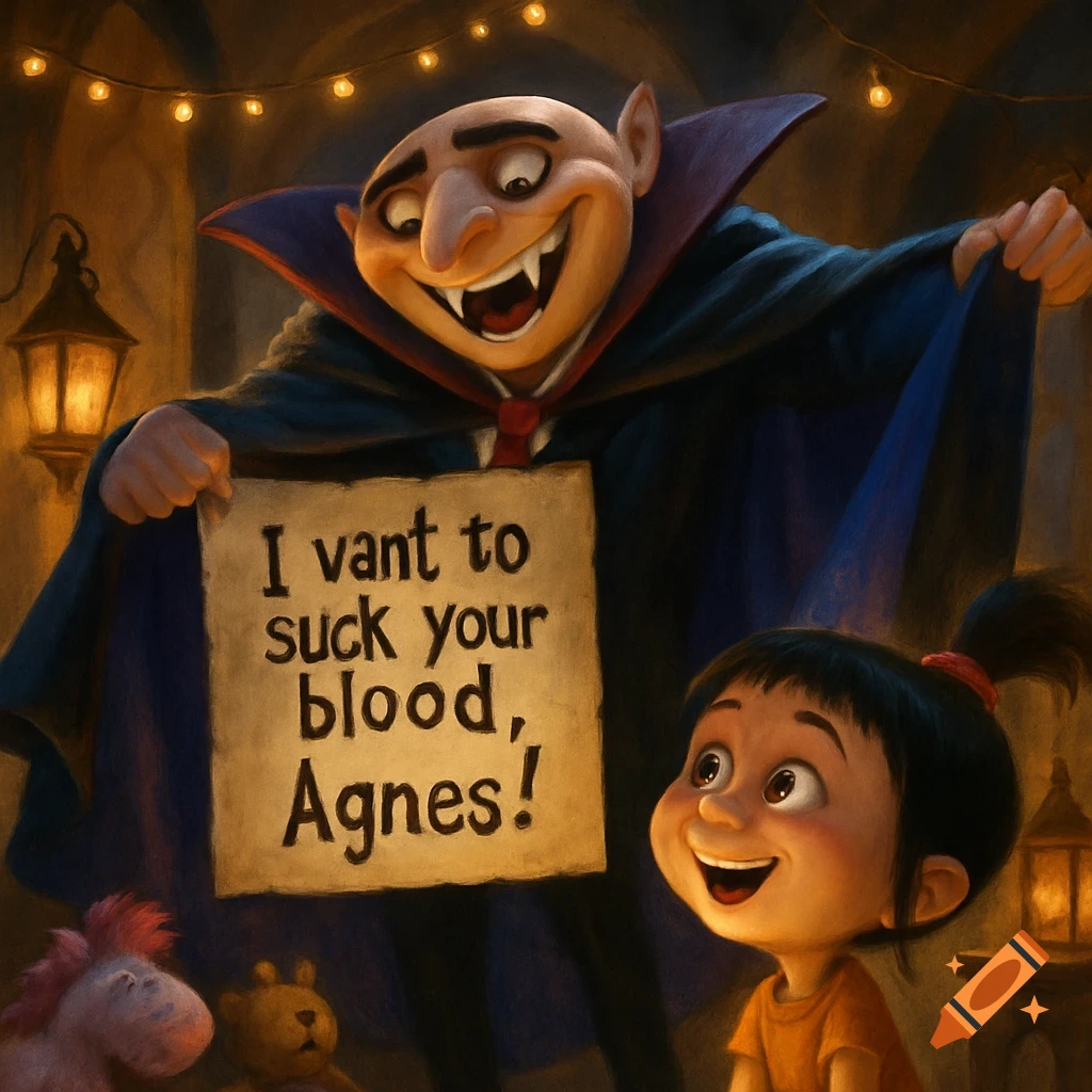 A cartoon vampire with fangs holds a sign saying 'I vant to suck your blood, Agnes!' to a smiling little girl with pigtails under string lights.