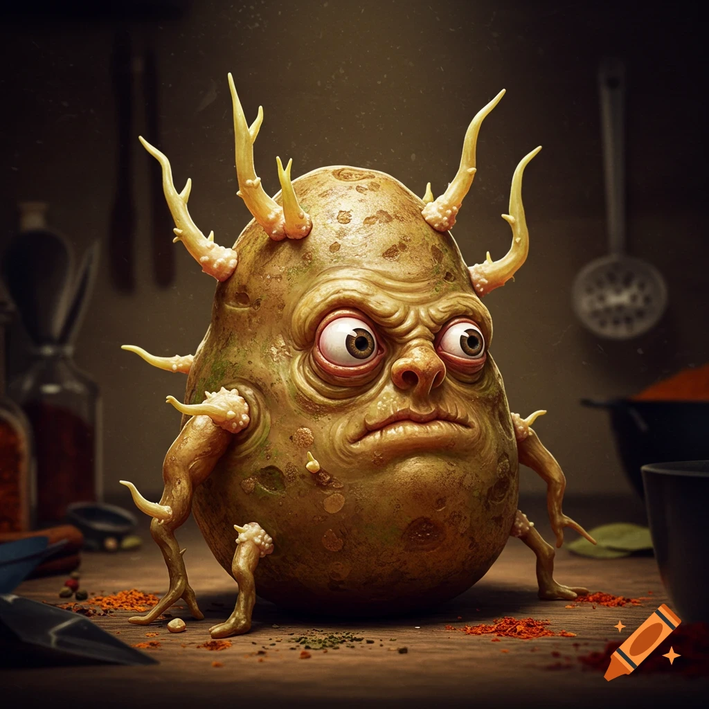 A grotesque, anthropomorphic potato creature with large eyes and horn-like sprouts stands on a wooden surface with scattered spices in a dimly lit kitchen.
